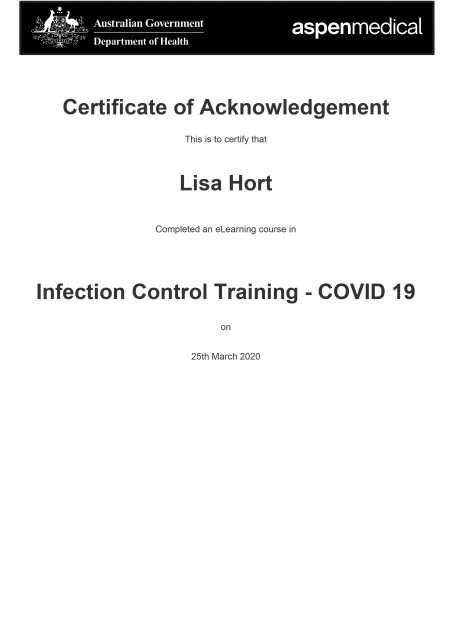 Lisa Hort has successfully completed the Certificate of Acknowledgement, <b>Infection Control Training - COVID 19</b><br> image